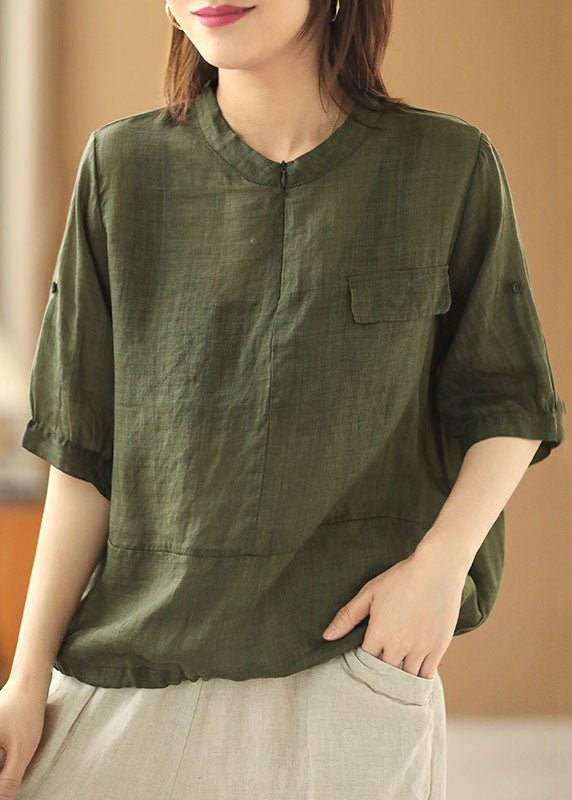 Stylish Army Green O-neck Zip Up Patchwork Linen Blouse Top Short Sleeve