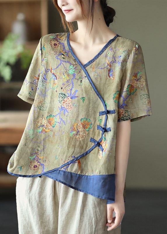 Simple Dark Blue Print Ramie Oriental Summer Tops