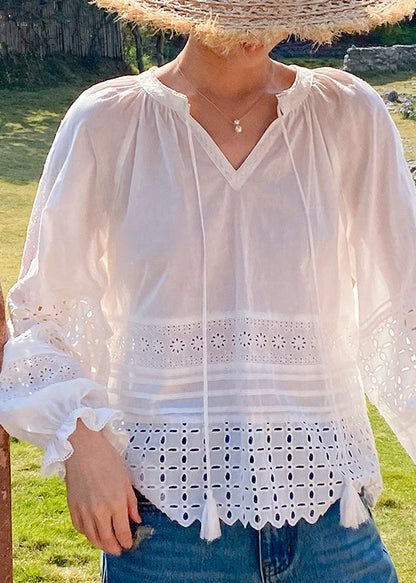 White Hollow Out Lace Up Cotton Shirt Butterfly Sleeve