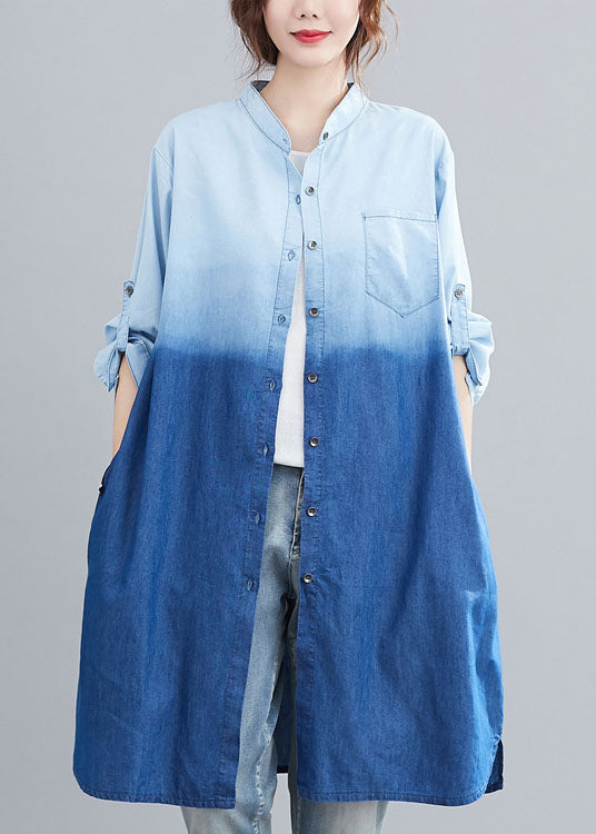 Blue Pockets Button Gradient Color Fall Denim Trench Long Sleeve