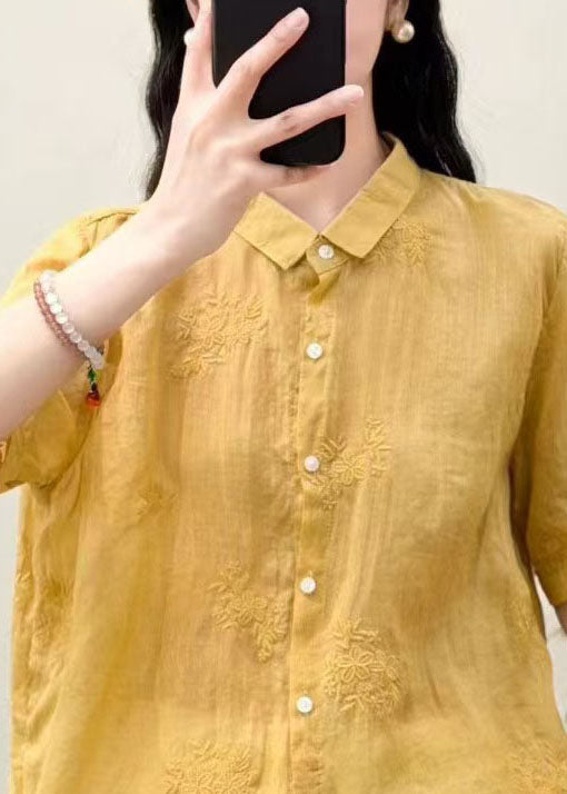 Boutique Yellow Embroidered Linen Loose Shirts Summer
