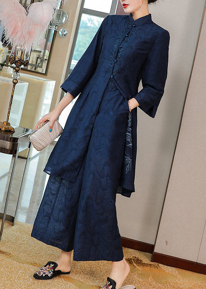 Navy Silk Two Pieces Set Embroideried Stand Collar Button Spring