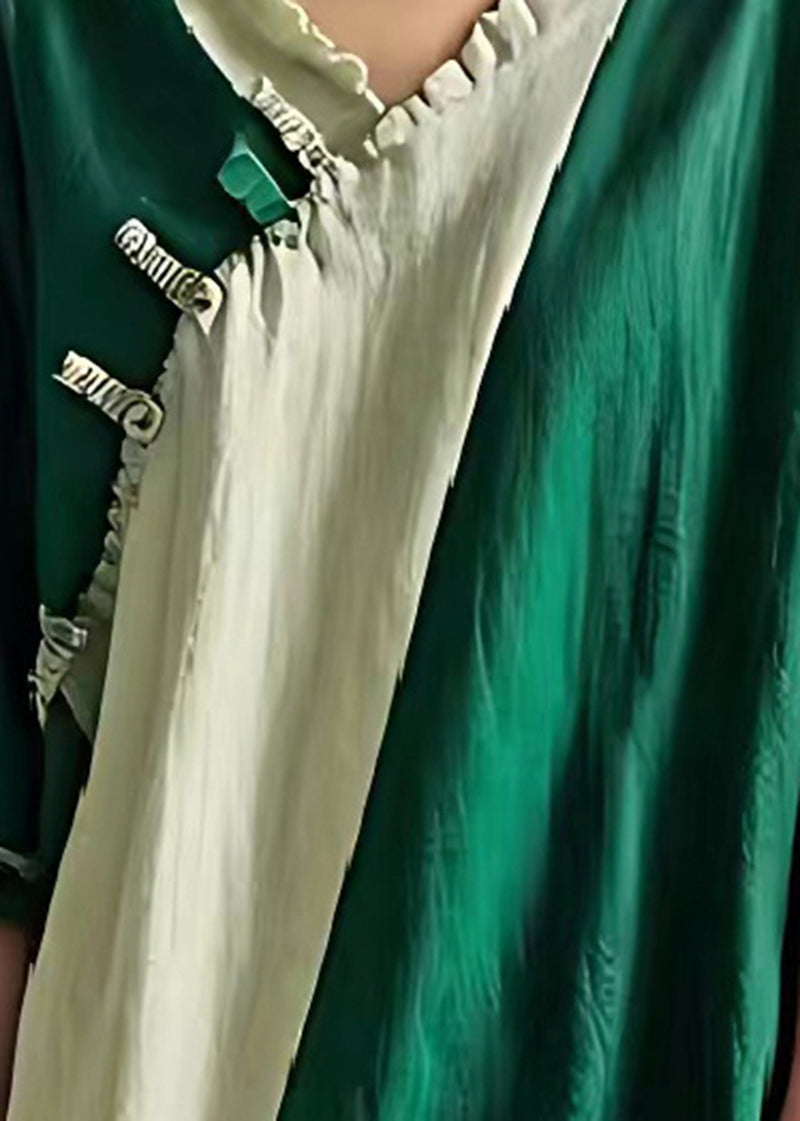Green Oversized Patchwork Ruffled Linen Shirt Summer
