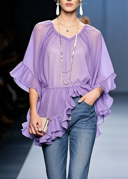 Purple Ruffled Chiffon Shirt V Neck Half Sleeve