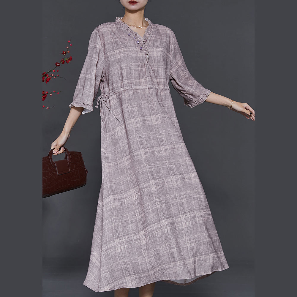 Art Grey Ruffled Drawstring Cotton Long Dress Summer
