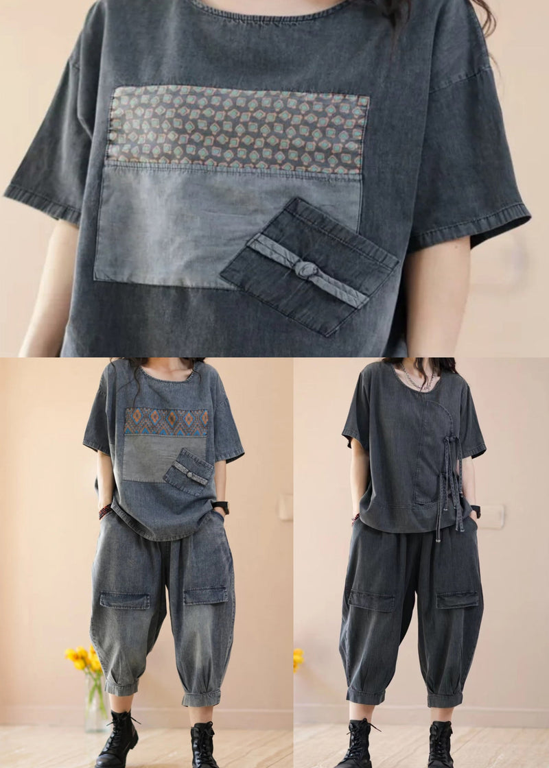Blue Tops and Crop Pants Denim Two Piece Suit Set Summer