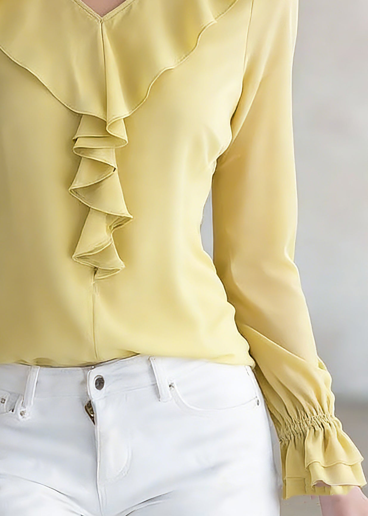 Brief Yellow V Neck Silk Shirt Spring