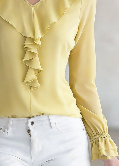 Brief Yellow V Neck Silk Shirt Spring