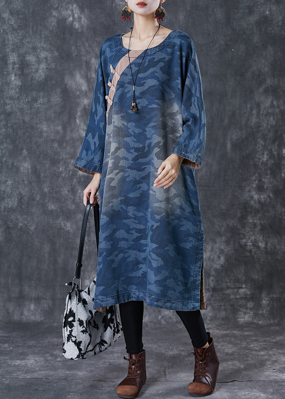 Blue Camouflage Print Chinese Button Denim Dress Spring