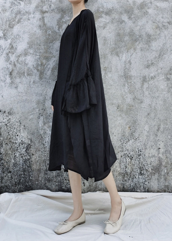 Black Linen Loose Cardigan and Spaghetti Strap Dress Two Pieces Set Flare Sleeve