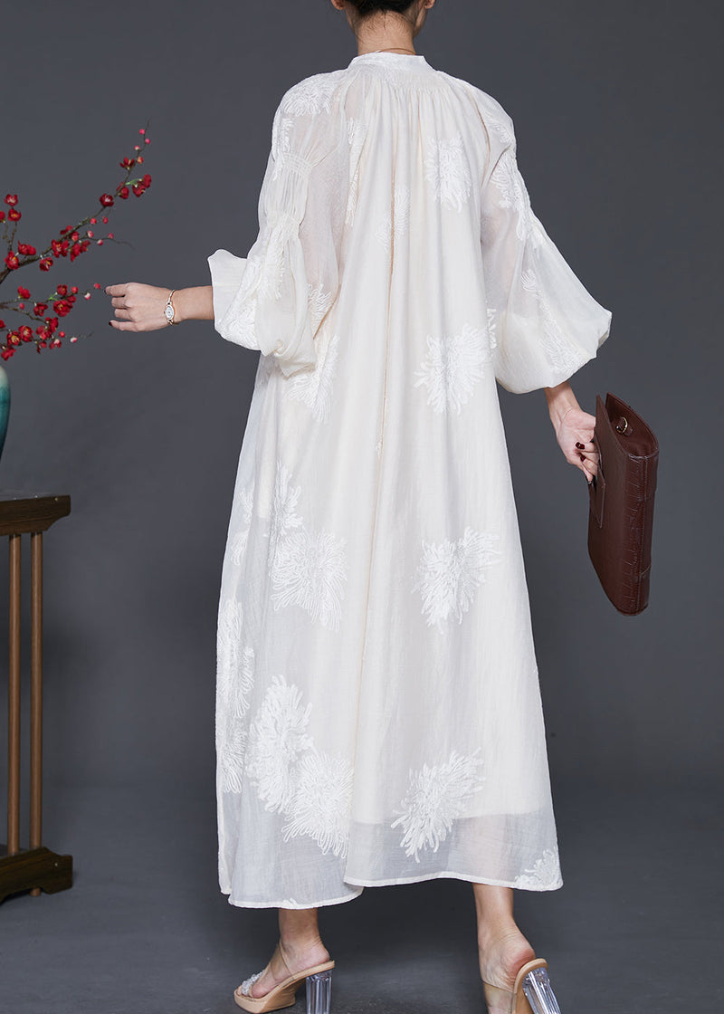 White Embroidered Silk Maxi Dress Lantern Sleeve