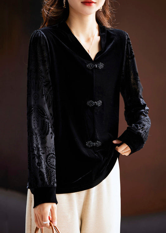 Black V Neck Button Silk Velour Tops Long Sleeve