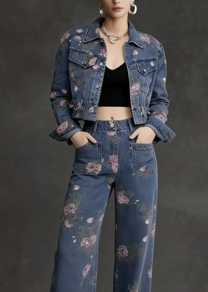 French Peter Pan Collar Print Pockets Denim Two Piece Suit Set Spring