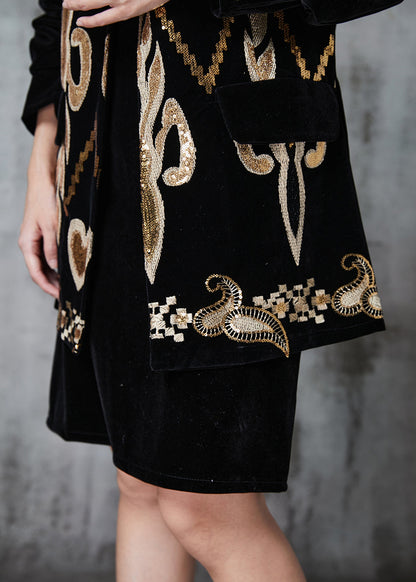 French Black Sequins Silk Velour Two Pieces Set Spring