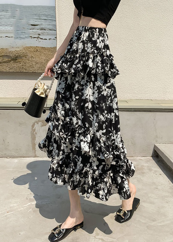 Black Ruffled Print Side Open Chiffon Skirts Spring