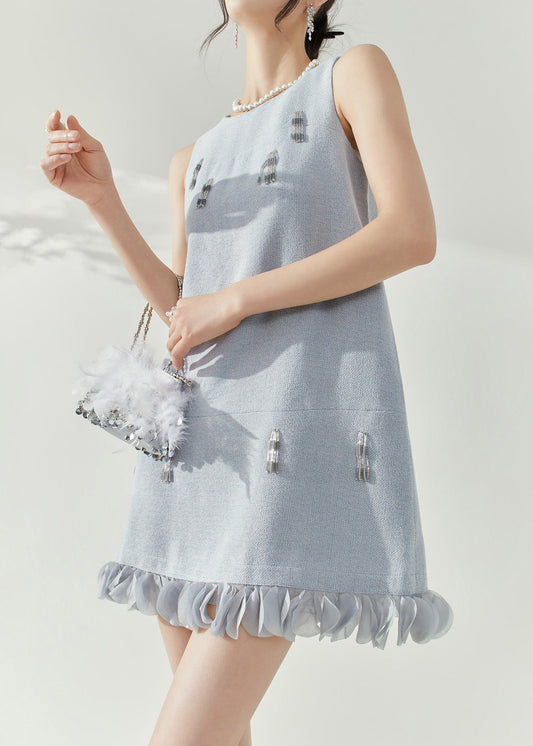 Blue O-neck Patchwork Nail Bead Mid Dresses Sleeveless