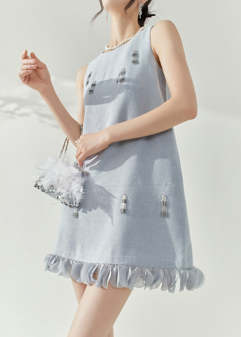 Blue O-neck Patchwork Nail Bead Mid Dresses Sleeveless