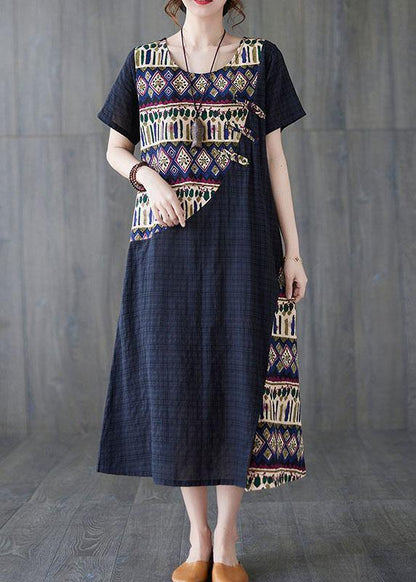 Diy Blue O-neck Asymmetrical Design Summer Cotton Dress
