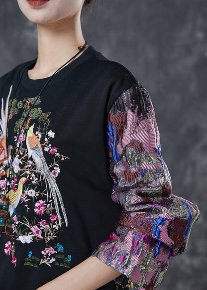 Black Embroidered Patchwork Cotton Sweatshirt Spring