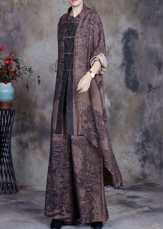 New Coffee Button Print Low High Design Linen Two-piece Set Spring