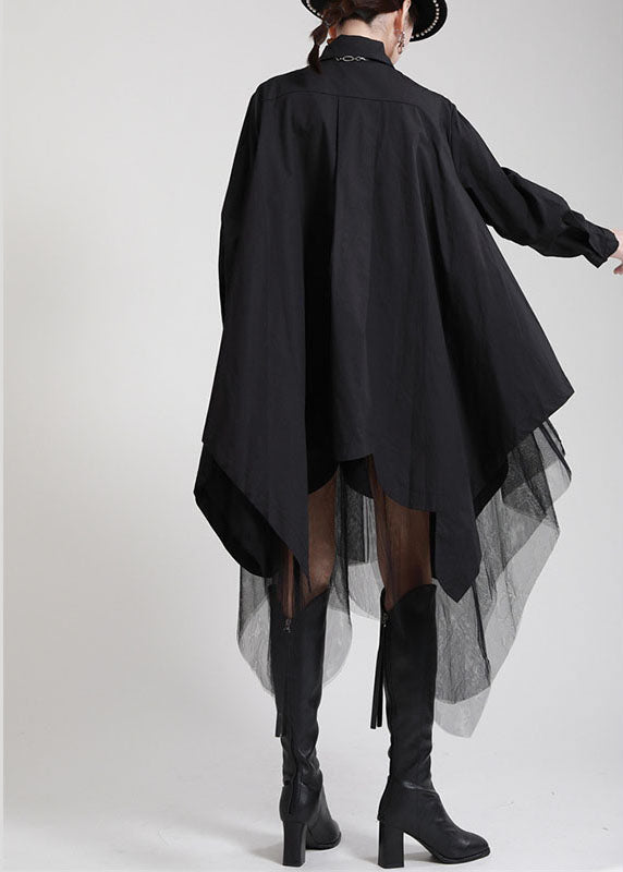 Fine Black Peterpan Collar Button Asymmetrical Design Patchwork Tulle Fall Shirt Tops Long Sleeve