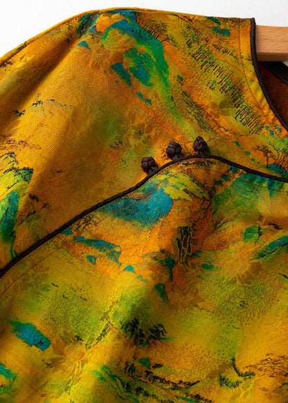 Vogue Yellow O-neck Button Print Silk T Shirt Half Sleeve