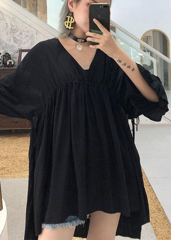 Black V Neck Cinched Low High Design Top