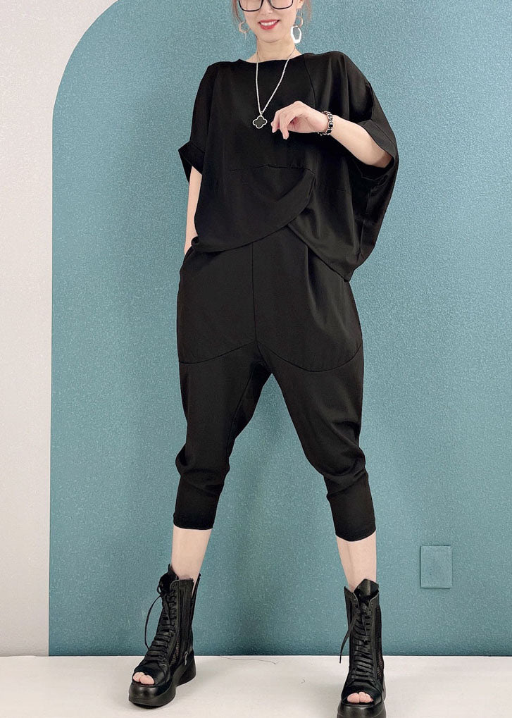 Style Black O-neck Asymmetrical Cotton Tops and Harem Pants Two Pieces Set Short Sleeve