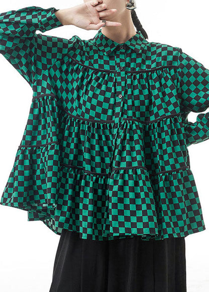 Green Plaid Chiffon Shirt Tops Patchwork Wrinkled Spring