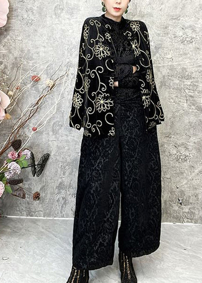 Chinese Style Black O Neck Velour Short Coat Spring