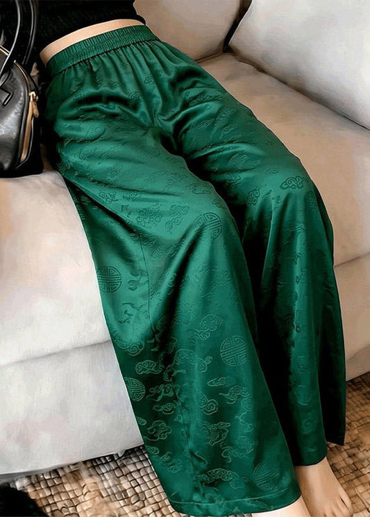 Organic Green Print Elastic Waist Wide Leg Pants Summer