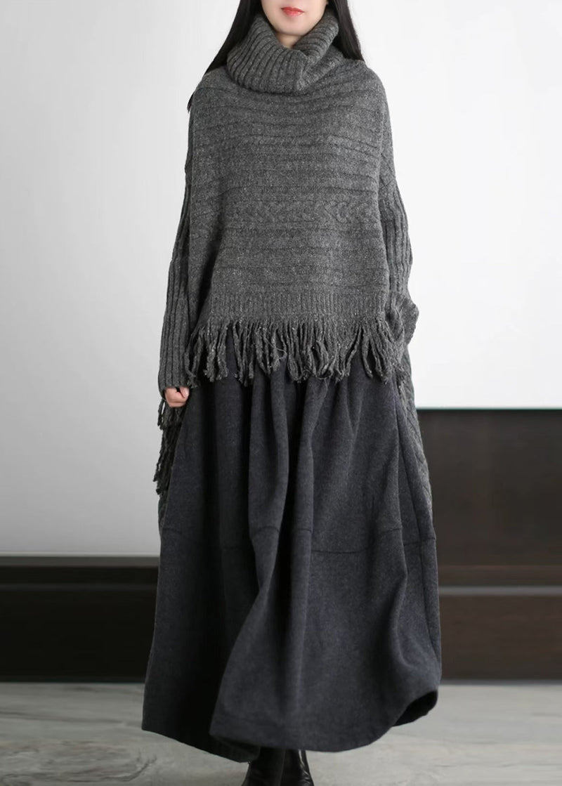 French Grey Turtle Neck Low High Design Knitted Tops Winter