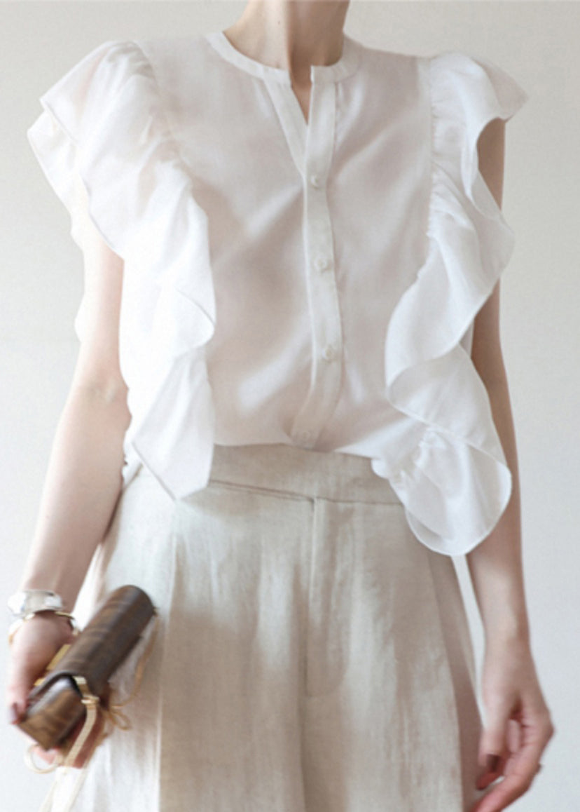 Black Ruffled Button Silk Vest Sleeveless