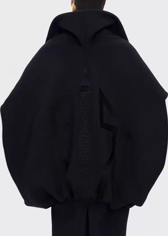 Black Zipper Drawstring Splicing Design Jacket Batwing Sleeve