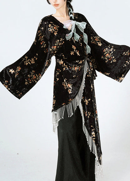 Black Asymmetrical Print Lace Up Velour Silk Dress Spring