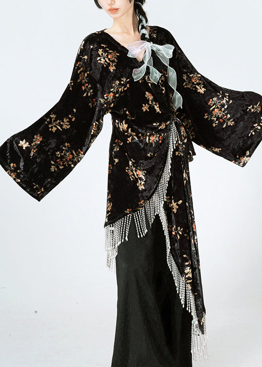 Black Asymmetrical Print Lace Up Velour Silk Dress Spring