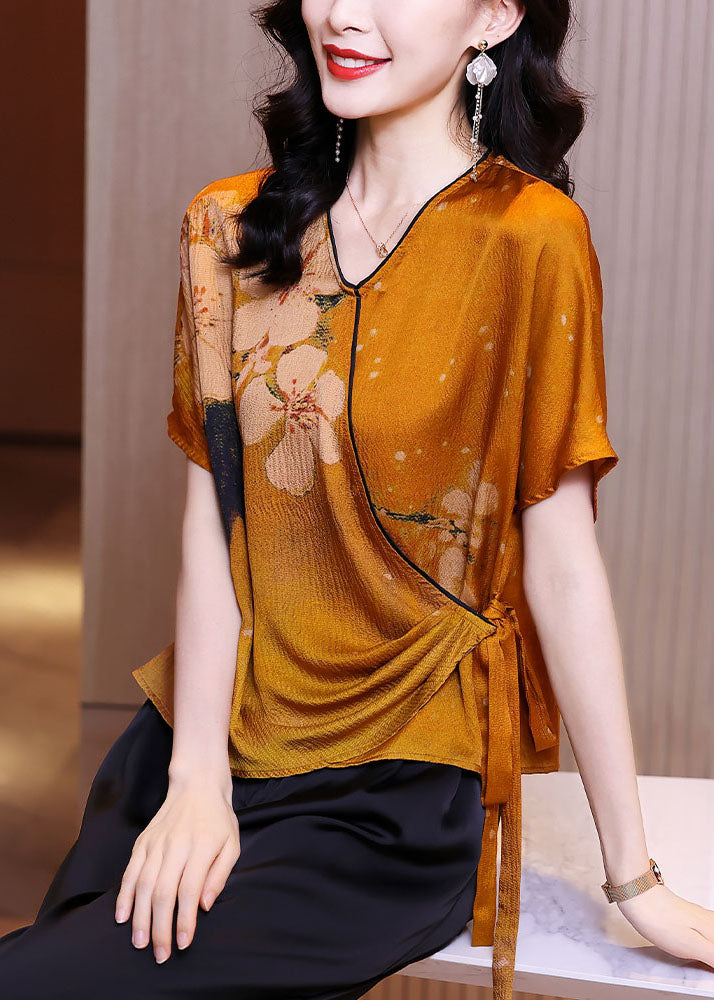 Orange V Neck Asymmetrical Design Tie Waist Print Silk Tops Summer