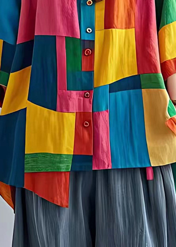 Colorblock Asymmetrical Applique Linen Blouses Bracelet Sleeve