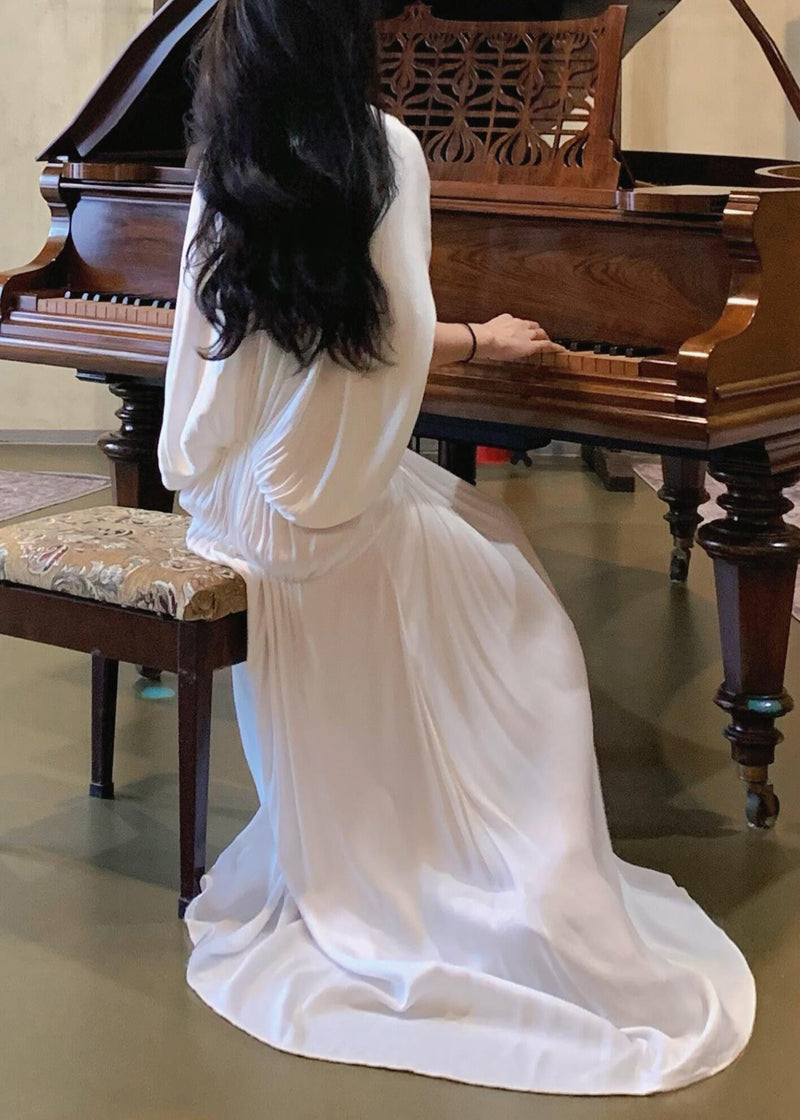 White V Neck Wrinkled Dresses Batwing Sleeve