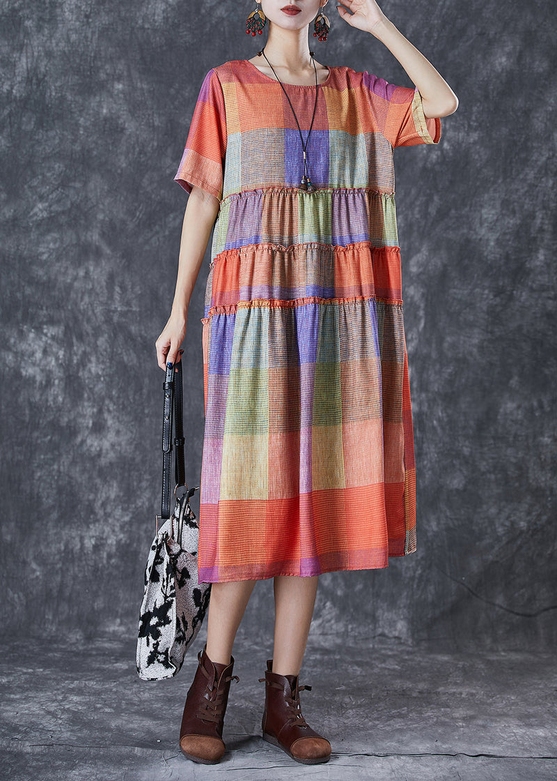 Multicolour Plaid Ruffled Cotton Long Dress Summer