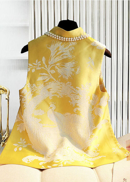 Diy Yellow Stand Collar Button Side Open Jacquard Satin Vest Spring