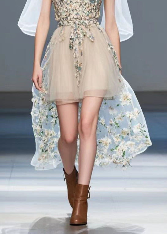 Fine Apricot Cinched Patchwork Silk Tea Dress Summer