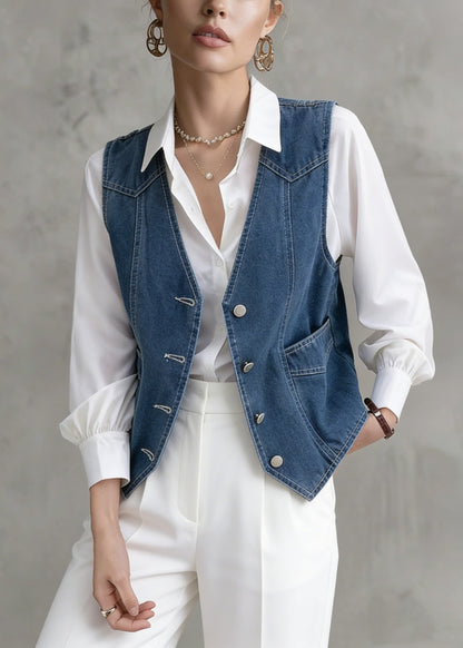 French Navy V Neck Patchwork Denim Vest Sleeveless