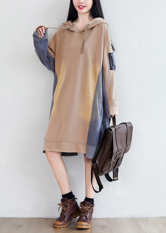 Loose Khaki Hooded Asymmetrical Pockets Patchwork Sweatshirts Dresses Spring