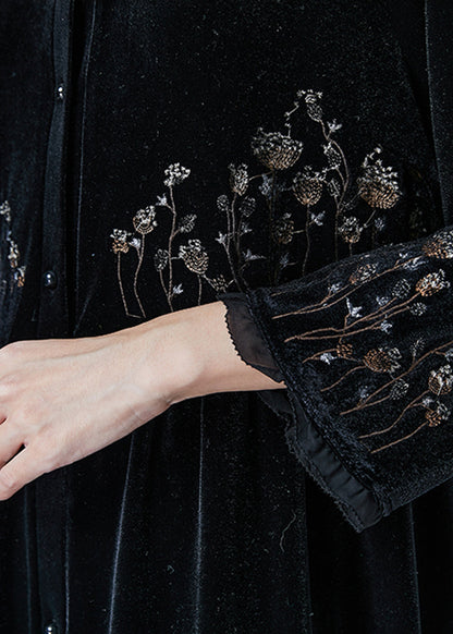 Black Embroideried Ruffled Silk Velour Dress Spring