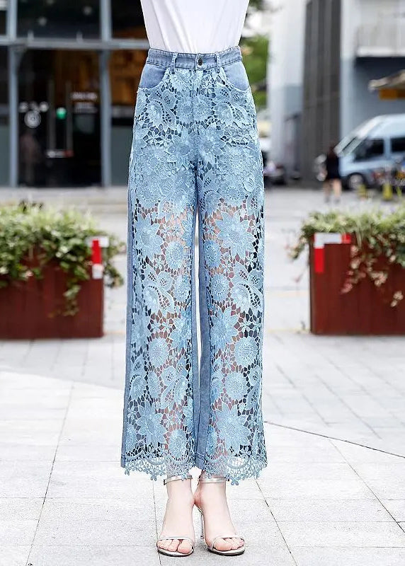 Blue Lace Hollow Out Pockets Denim Crop Pants Summer
