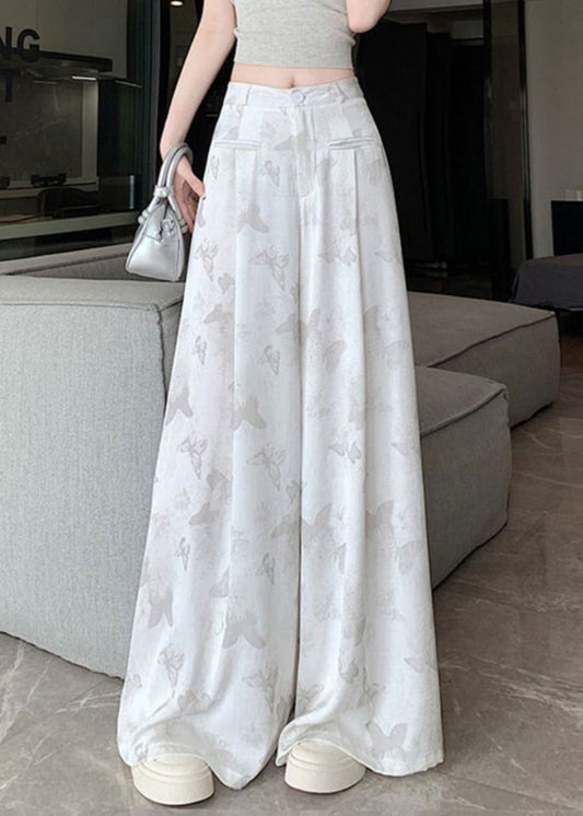 Chinese Style White Pockets Butterfly Print Draping Pants
