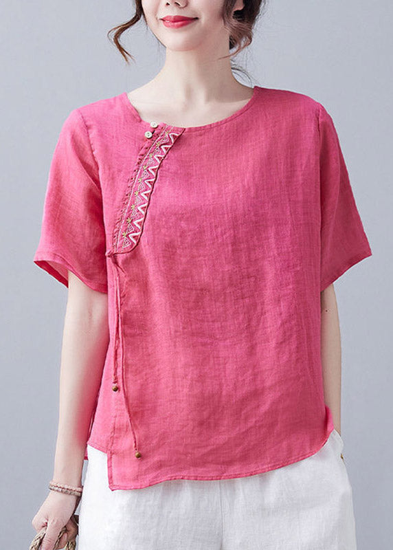 French Rose O-neck Embroideried Linen T Shirt Short Sleeve