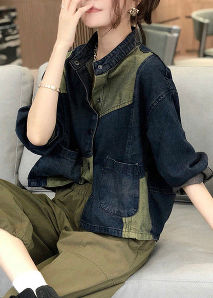 Stand Collar Pockets Patchwork Denim Coats Fall