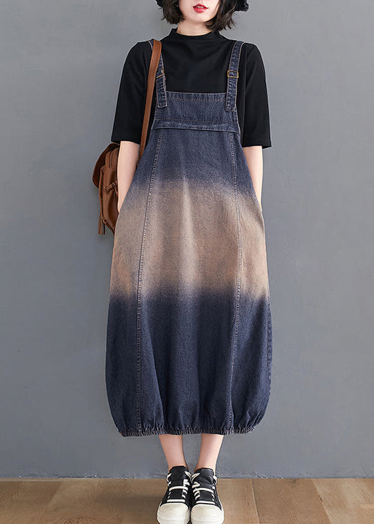 Blue Gradient Color Pockets Spaghetti Strap Denim Dress Summer